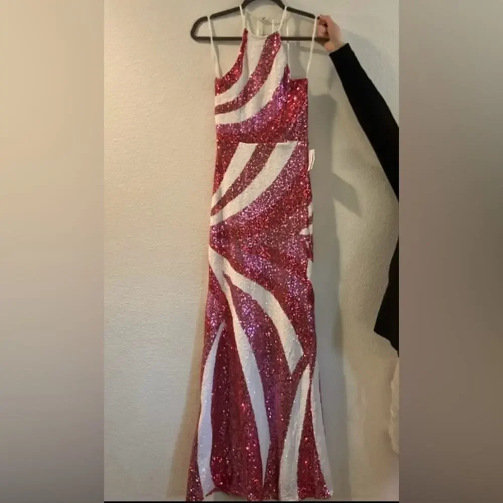 B.Darlin Prom Gown formal Junior's‎ Maxi Sequin Slim Dress Pink White size 3/4